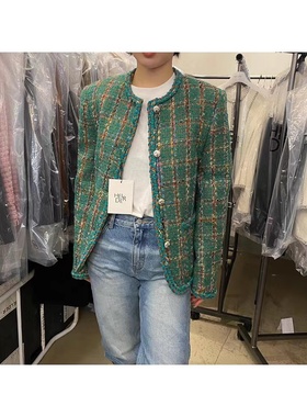 韩国代购helder羊毛粗花呢外套气质小香风重工格纹编织短上衣女