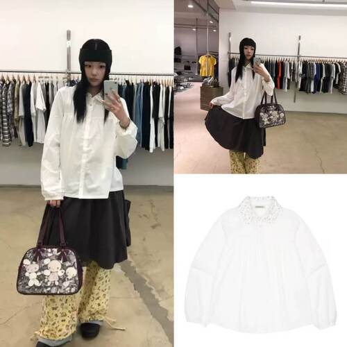 coyseio26秋冬新款娃娃领花边衬衫东大门碎花领宽松褶皱长袖上衣