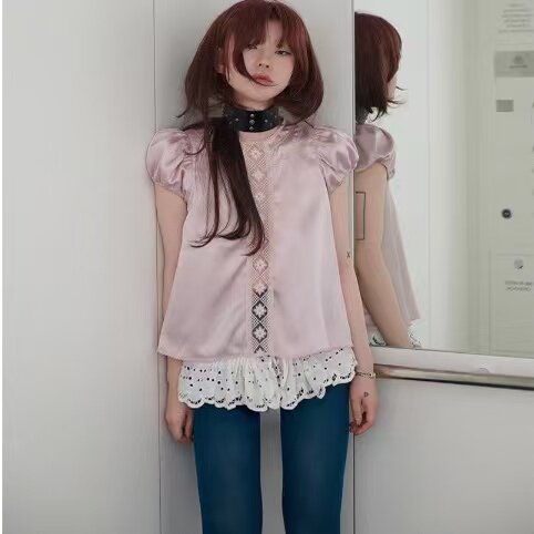 韩国freckle蕾丝拼接T恤2025年新款甜美少女风泡泡袖设计短袖上衣