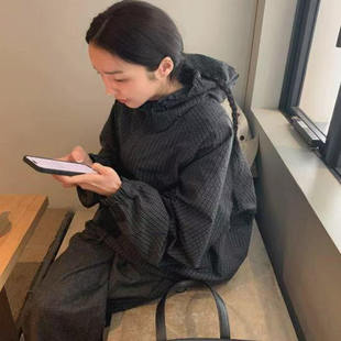 韩国maybebaby格纹抽绳连帽外套简约休闲复古宽松拉链夹克冲锋衣