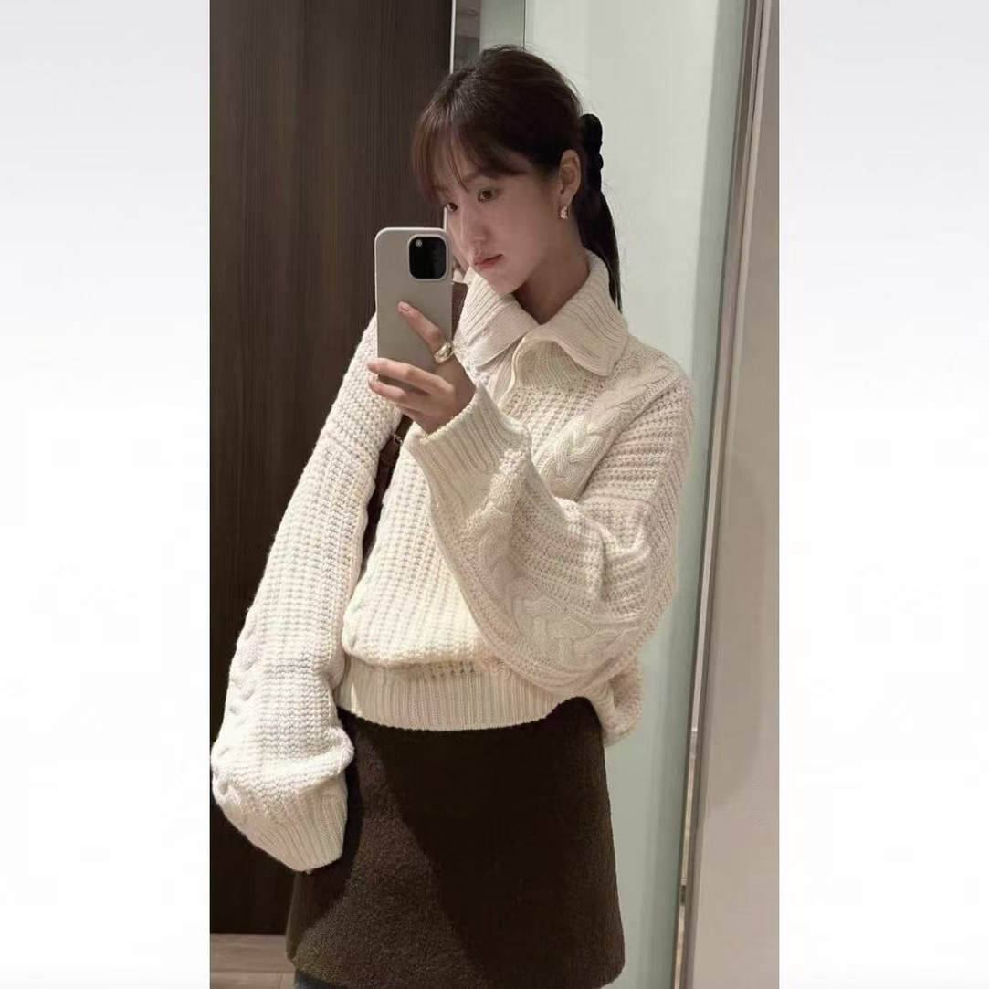 现货～韩国ged麻花针织毛衣法式复古简约百搭休闲加厚高领上衣女