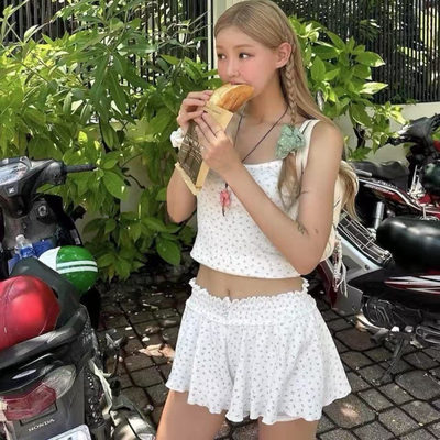 韩国glowny朴彩英rose同款吊带背心两件套荷叶边松紧腰短裤长裤