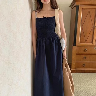 韩国代购maybebaby吊带连衣裙春夏简约气质褶皱收腰纯色背心长裙