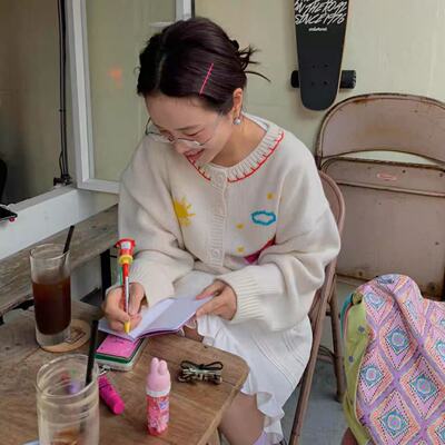 韩国东大门venti卡通刺绣针织开衫2025年新款甜美少女风软糯毛衣