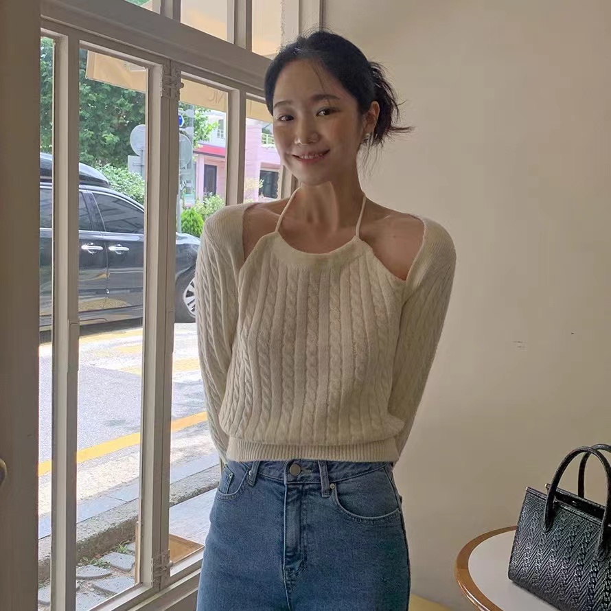 004套头镂空假两件毛衣