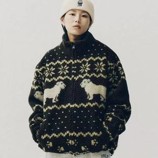 现货～韩国yale动物雪花印花棉衣宽松软萌治愈风拉链设计立领外套