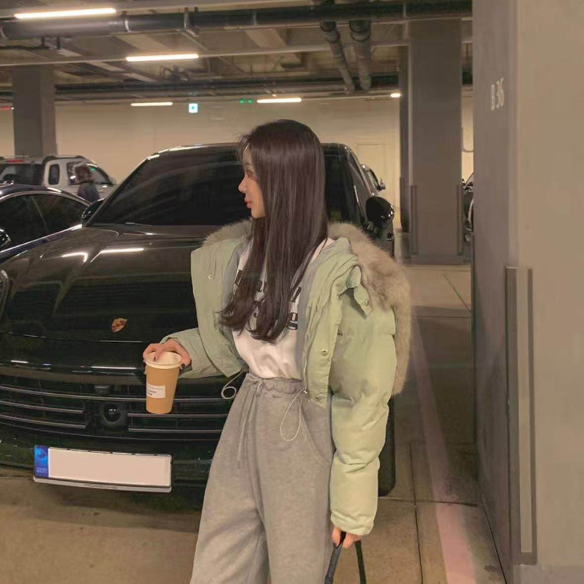 现货～韩国hyou翻毛领短款棉服外套抽绳收腰保暖厚实拉链羽绒服女