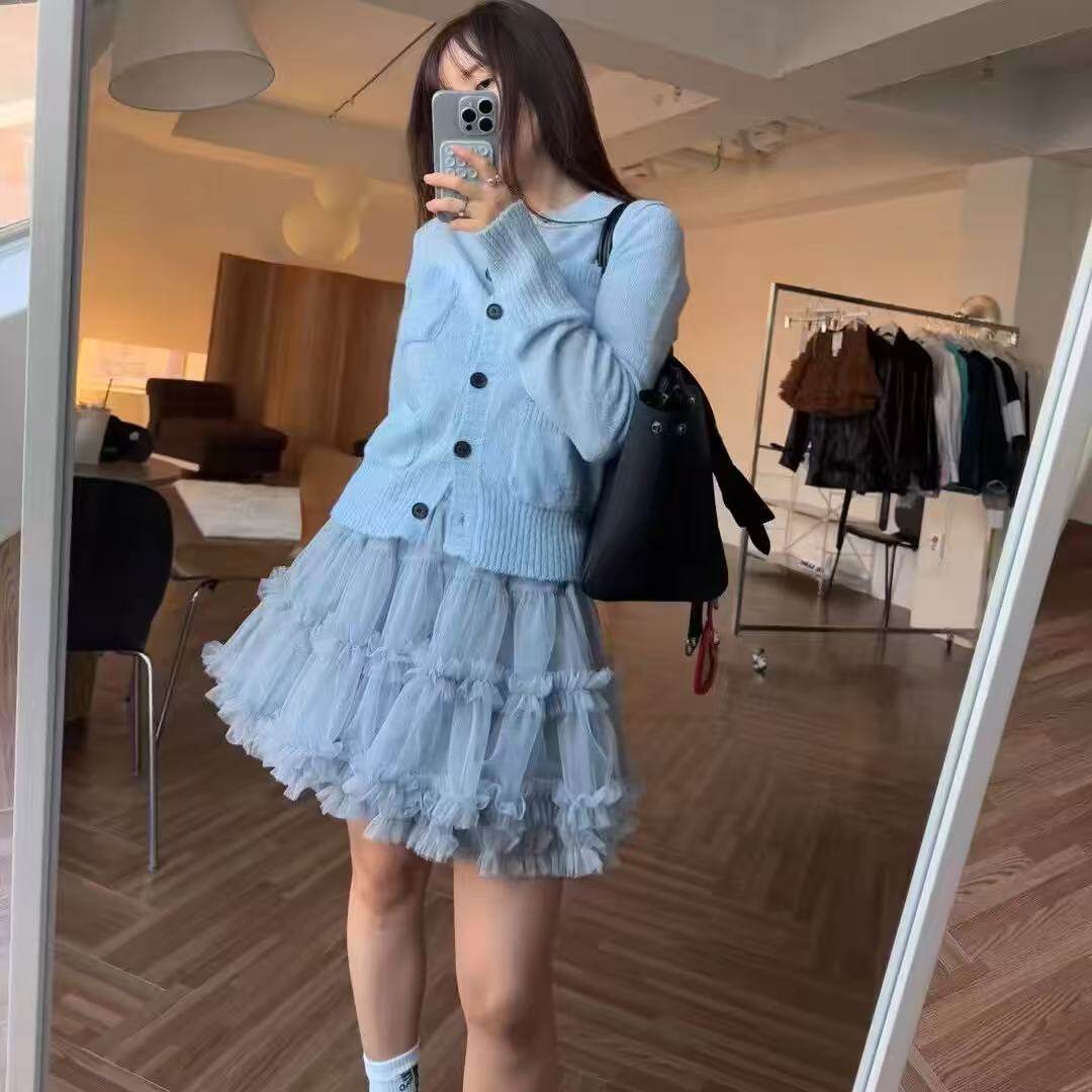 现货～韩国egg is皮衣外套甜美少女感网纱拼接蓬蓬蛋糕短裙两件套