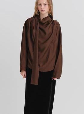 韩国ribbonbit飘带荡领衬衫25春款法式慵懒风不规则设计长袖衬衣