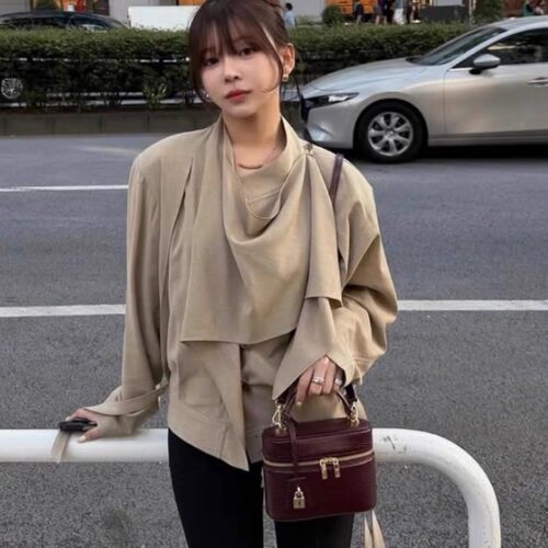 recto博主同款时尚沙米色垂坠围巾套头上衣女设计感百搭休闲外套