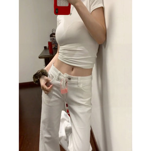 白色美式低腰微喇牛仔裤女2026春季新款宽松显瘦不贴腿直筒喇叭裤
