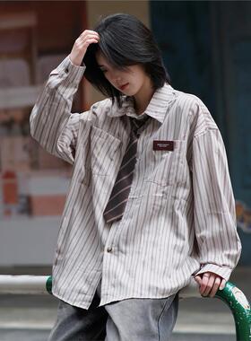 Ja1从不熬夜 日系覆古港风条纹衬衫女短袖少年感中性宽松上衣男