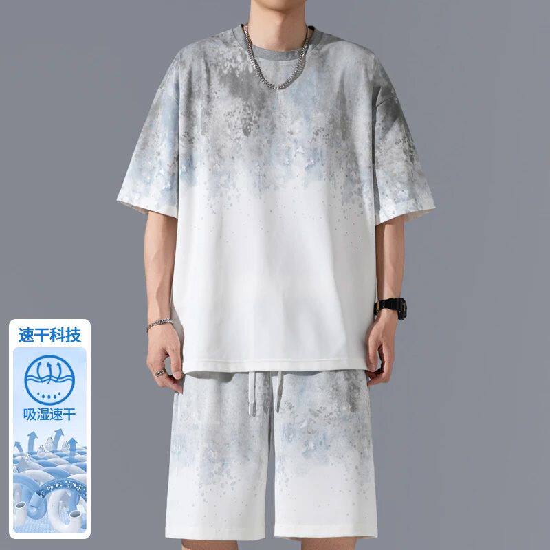 扎染冰丝速干短袖短裤套装男夏季青少年酷帅穿搭休闲时尚两件一套