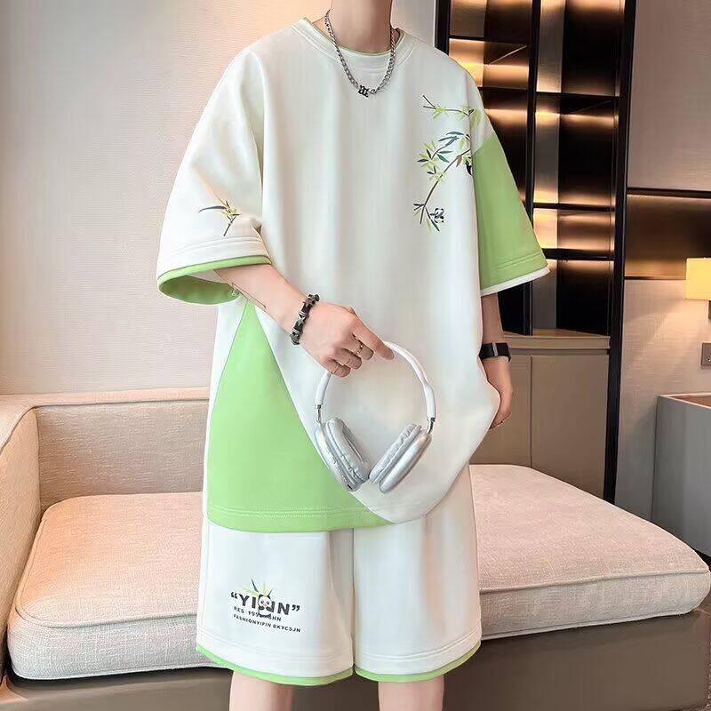 竹叶印花套装夏季加肥加大码短袖短裤青少年休闲运动一套衣服搭配