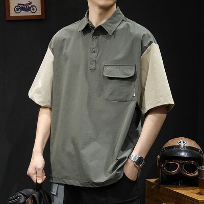 夏季冰丝速干山系户外撞色短袖T恤男日系潮牌宽松衬衫翻领POLO衫