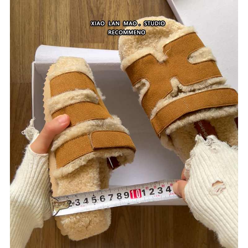 厚底毛毛拖鞋女2026秋冬款一字拖鞋外穿防滑魔术贴复古毛绒棉拖鞋