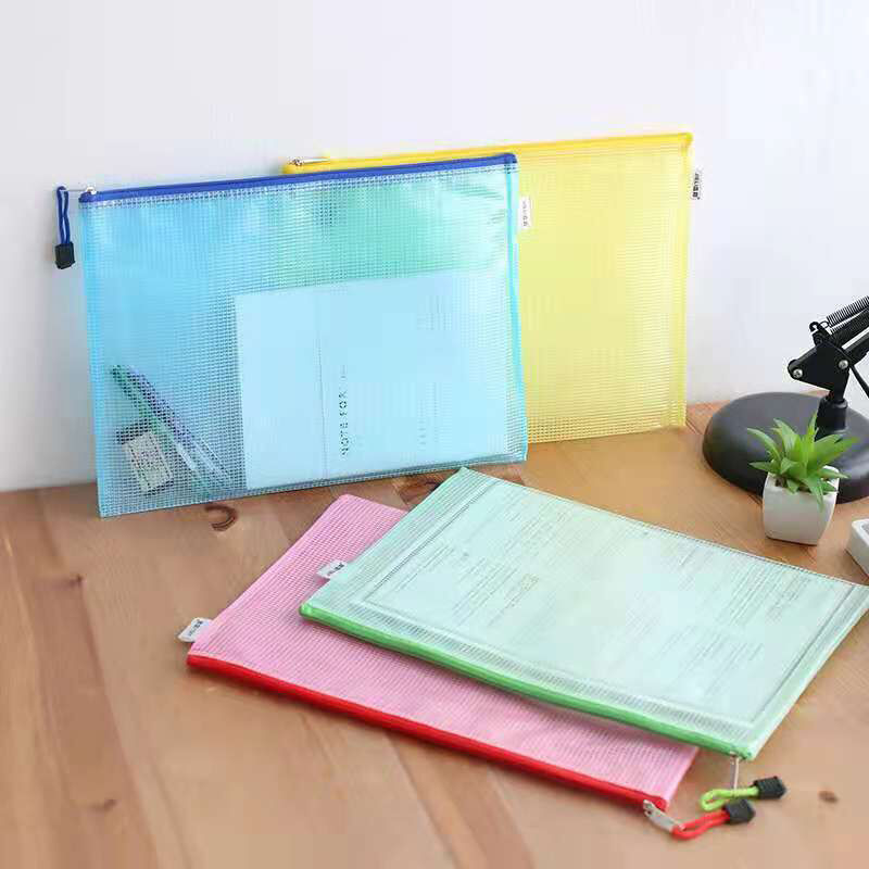 谋福832A4文件袋透明网格袋防水加厚科目档案塑料试卷袋拉链资料