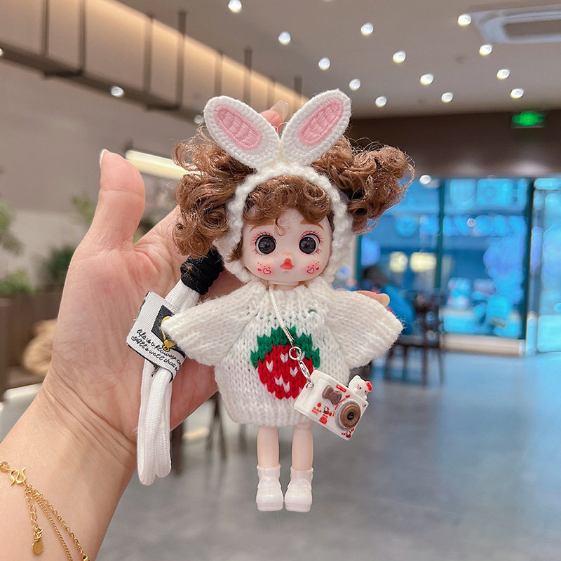 新款可爱大眼娃娃钥匙扣挂件呆萌兔耳发带毛衣公仔包包挂饰女