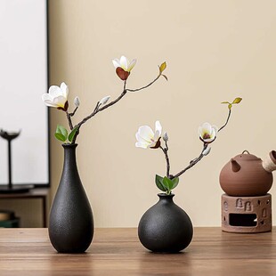 书桌台面置物架中式复古黑色高级小花瓶客厅干花装饰摆件茶几陶瓷