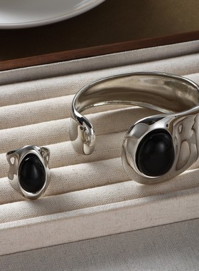 马总同款黑色开口手镯女新中式轻奢小众设计高级感宽面戒指手环