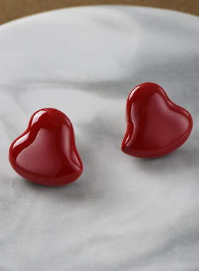 安可拉红色爱心珐琅耳钉女轻奢小众设计高级感心形银针耳环耳饰