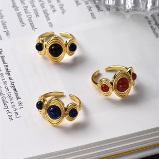 青金石黑玛瑙戒指女轻奢小众设计复古高级感开口可调节红玛瑙指环