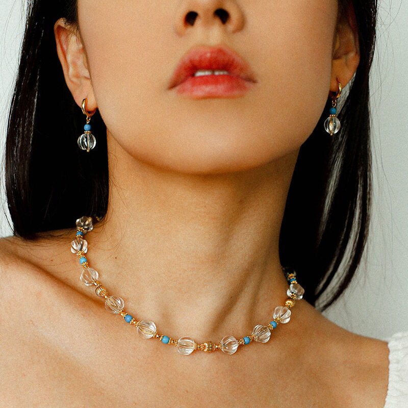 南瓜透明珠蓝松石项链女轻奢小众设计高级感耳环手链锁骨链套装