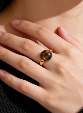 金色圆形虎眼石戒指女