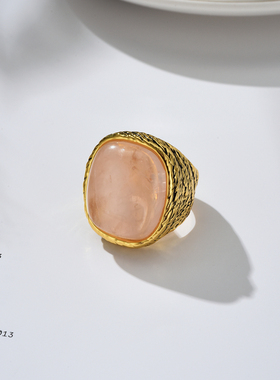 粉色宽版镶嵌宝石戒指女欧美小众