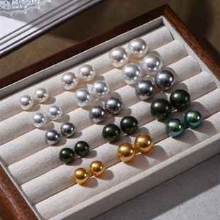 925银施家正圆强光珍珠耳钉女法式 轻奢澳白大溪地铂金灰耳环耳饰