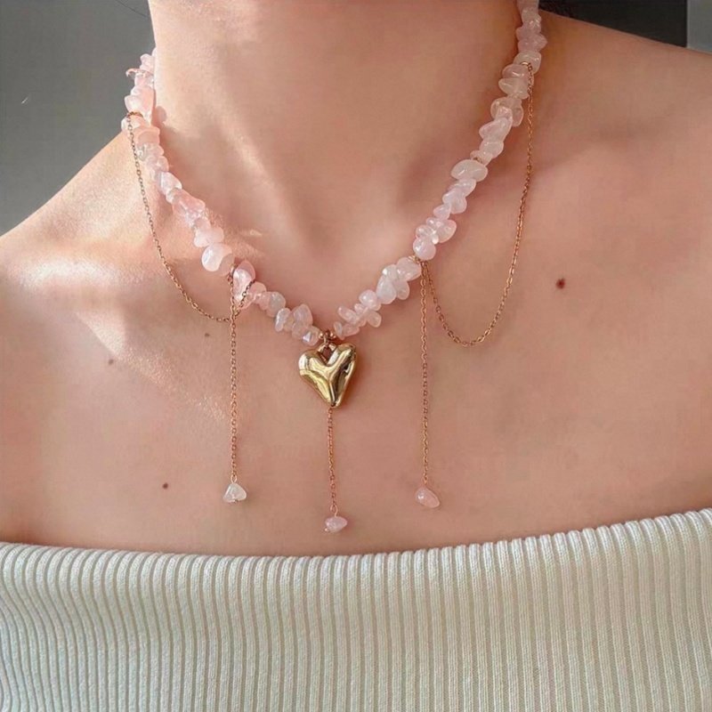 金色爱心粉水晶串珠项链女轻奢小众高级感个性心形流苏吊坠锁骨链,饰品/流行首饰/时尚饰品新,项链,淘宝优惠券,粉丝福利购,淘宝优惠卷