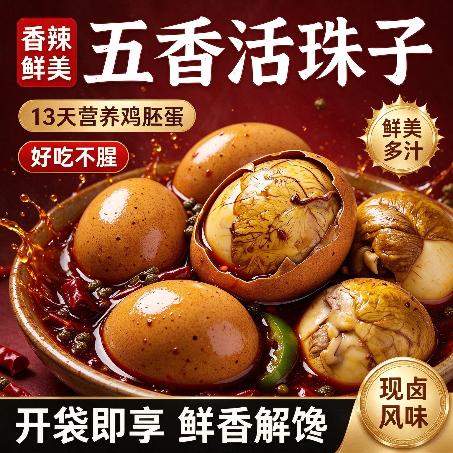 13天活珠子鸡胚蛋五香香辣开袋即食钢化蛋毛鸡蛋真空休闲即食小吃