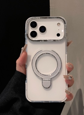 轻奢电镀闪钻镜头白色磨砂磁吸支架适用于苹果17promax手机壳17Air透明16pro全包15plus防摔14pro奢华13保护