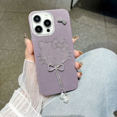 奢华闪粉蝴蝶结KT猫适用于16promax手机壳iPhone15豆沙紫新款16保护套13女款14防摔15proins可爱14pro卡通
