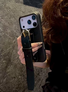 黑色荔枝纹皮纹手腕带适用于苹果17pro皮带17promax皮质适用于16pm复古15plus手机壳14plus女创意13防摔个性