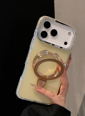 轻奢电镀闪钻镜头黄色磨砂磁吸支架适用于苹果17promax手机壳17Air透明16pro全包15plus防摔14pro奢华13保护