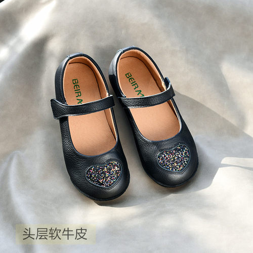 春秋款软公主鞋真皮黑色皮鞋亮片