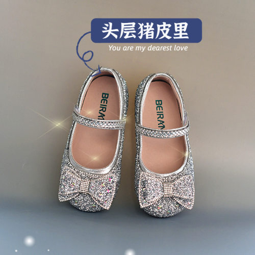 儿童春秋猪皮女童水晶鞋单鞋皮鞋