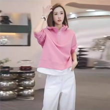 时尚连帽卫衣女2025秋季新款宽松显瘦百搭假两件立领长袖休闲上衣