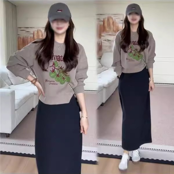 时尚套装裙女2025秋季新款韩版洋气圆领长袖套头卫衣半身裙两件套