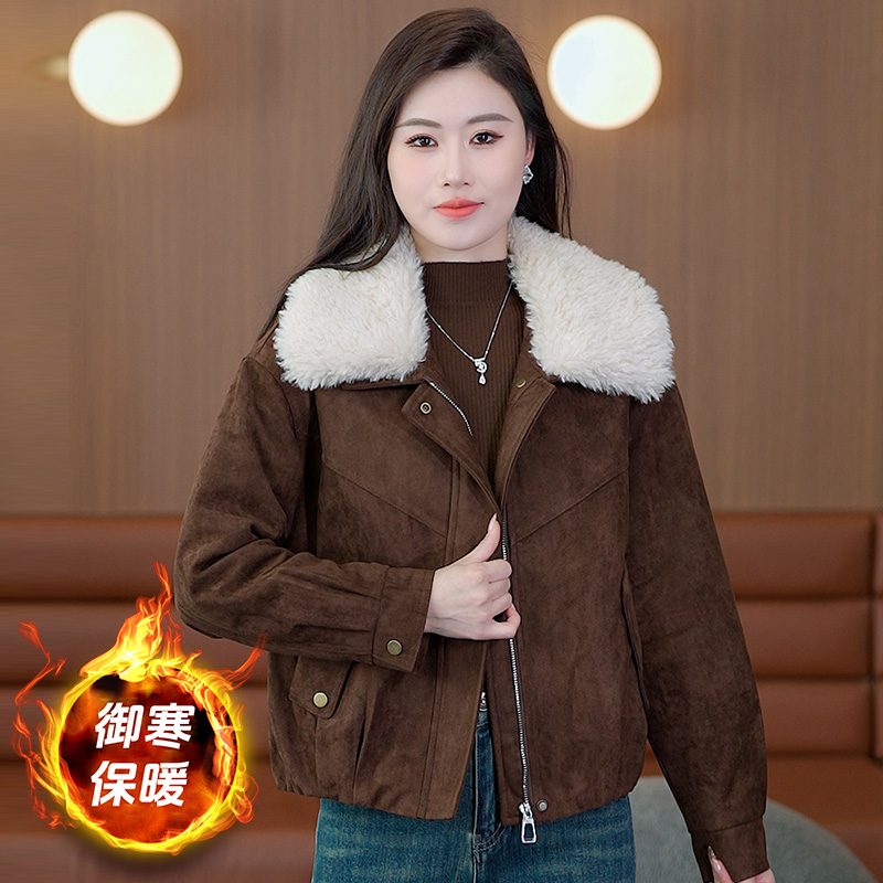 麂皮绒皮毛一体短外套女2025冬季新款加厚保暖宽松时尚毛领夹克