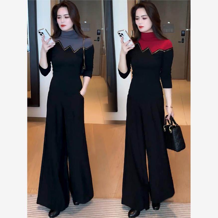 时尚套装女2025春季新款修身百搭加绒高领拼接打底衫阔腿裤两件套