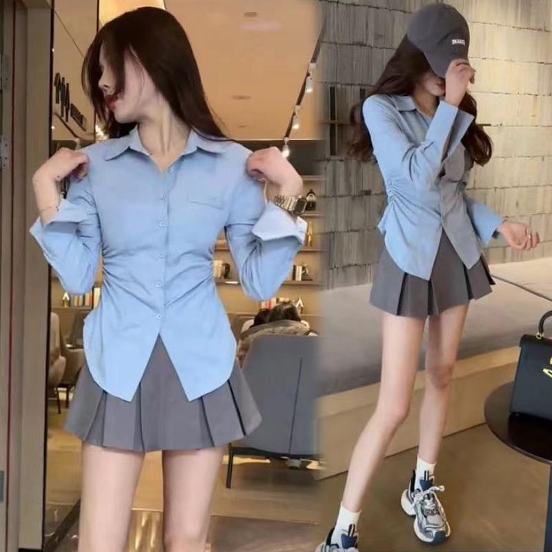 时尚套装裙女2025春季新款洋气韩版收腰褶皱衬衫百褶短裙两件套潮