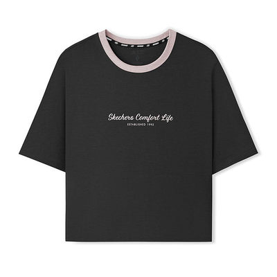 斯凯奇女款短款时尚短袖潮流T恤撞色领口针织上衣韩版L225W217