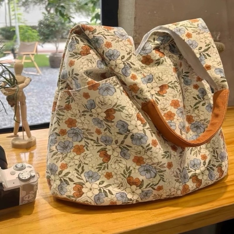 复古文艺碎花帆布包女小众腋下包2025新款大容量通勤单肩手提包