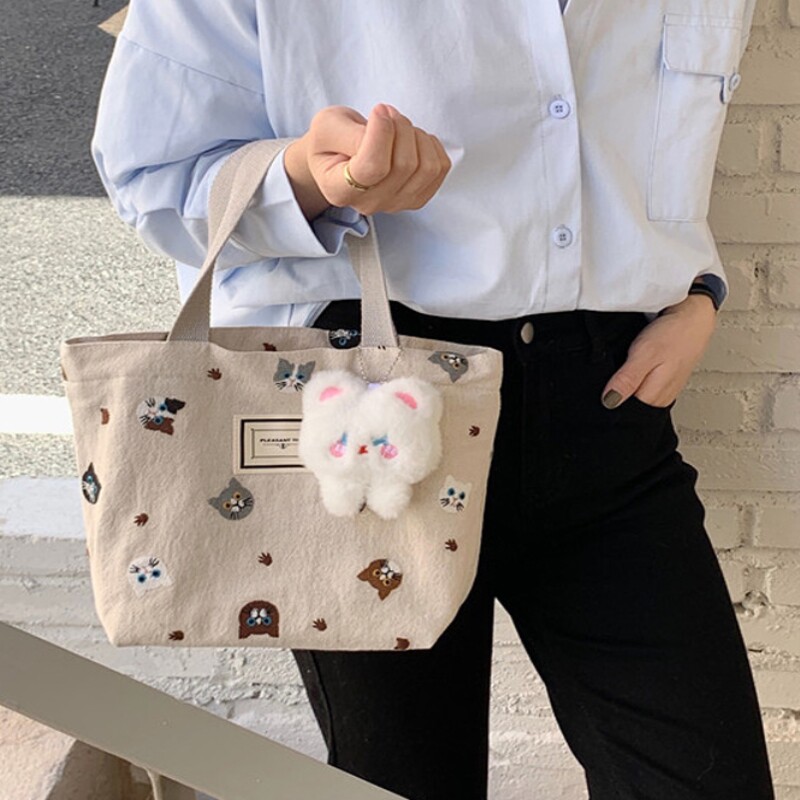 小白兔几小清新刺绣猫咪便当包午餐饭盒手拎包2024新款上班布袋