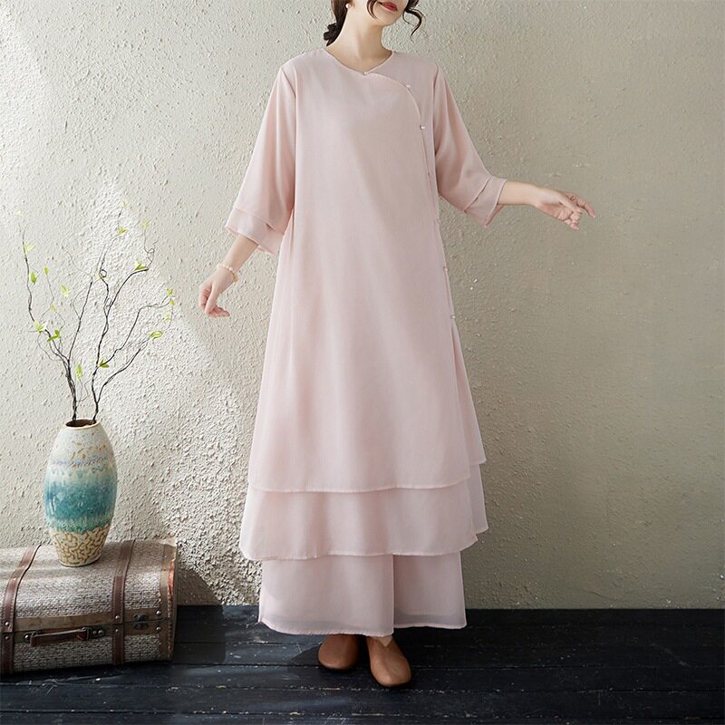 中式禅意女装双层雪纺飘逸舞蹈练功瑜伽疗愈服冥想禅修服汉服飘逸
