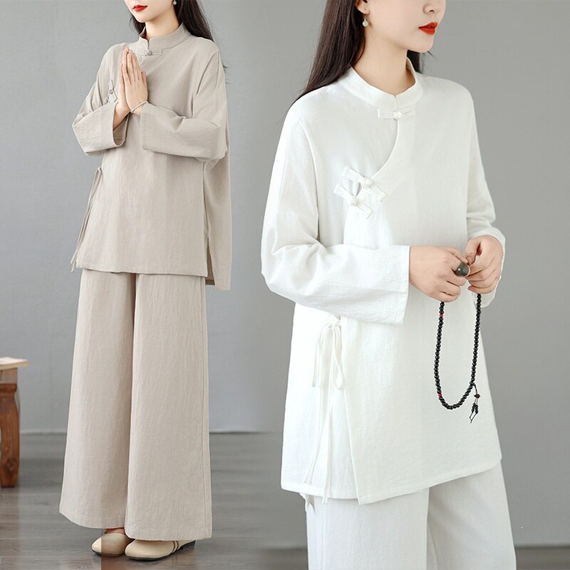 2026新款禅意茶服修道服太极服工作服新中式棉麻国风盘扣套装秋