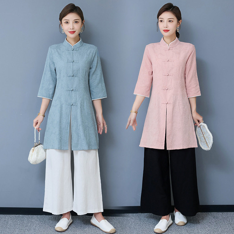 中国风女装复古提花棉麻茶服春夏汉服女中医馆服装美容院工作服女
