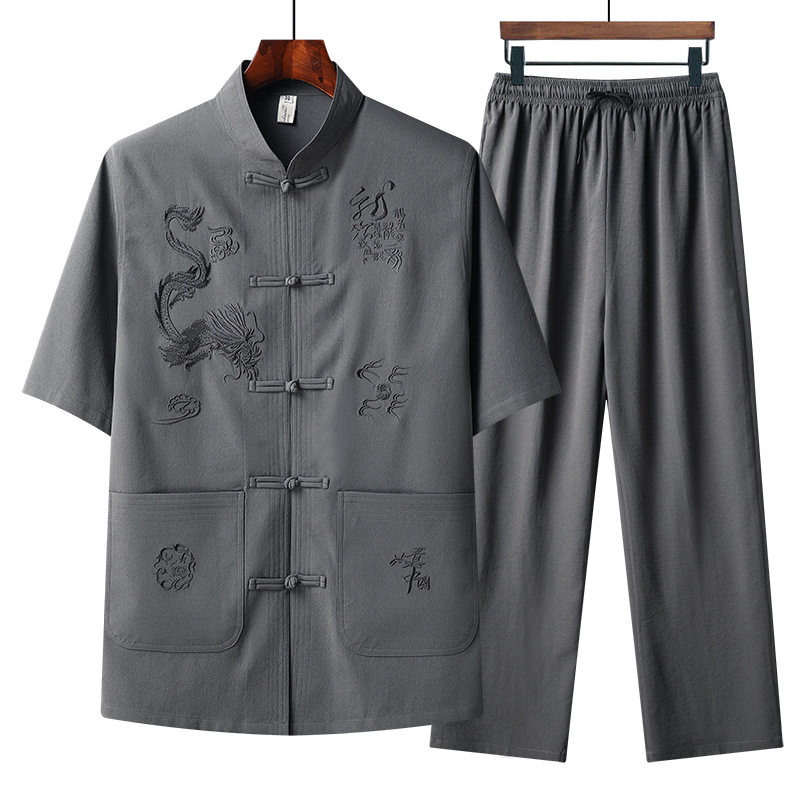 2026新中老年男装唐装汉服夏季短袖爷爷套装休闲运动太极服中国风